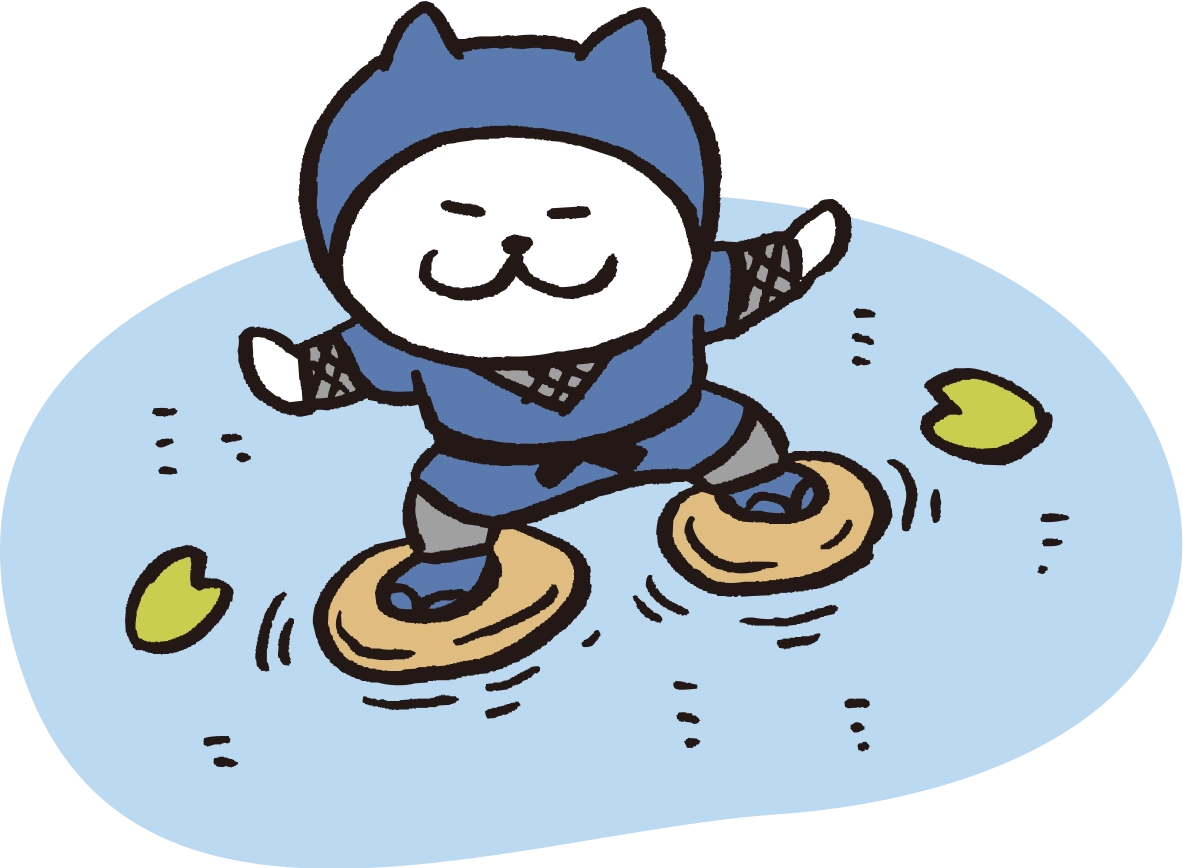 水蜘蛛で水上歩行をしている忍者の猫のイラスト