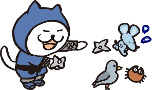 忍者の猫が手裏剣で害虫などを追い払うイラスト